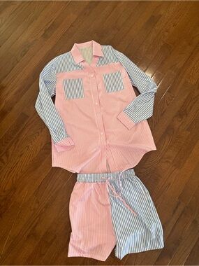 Womens Two-Tone Pink & Blue Striped Matching Set